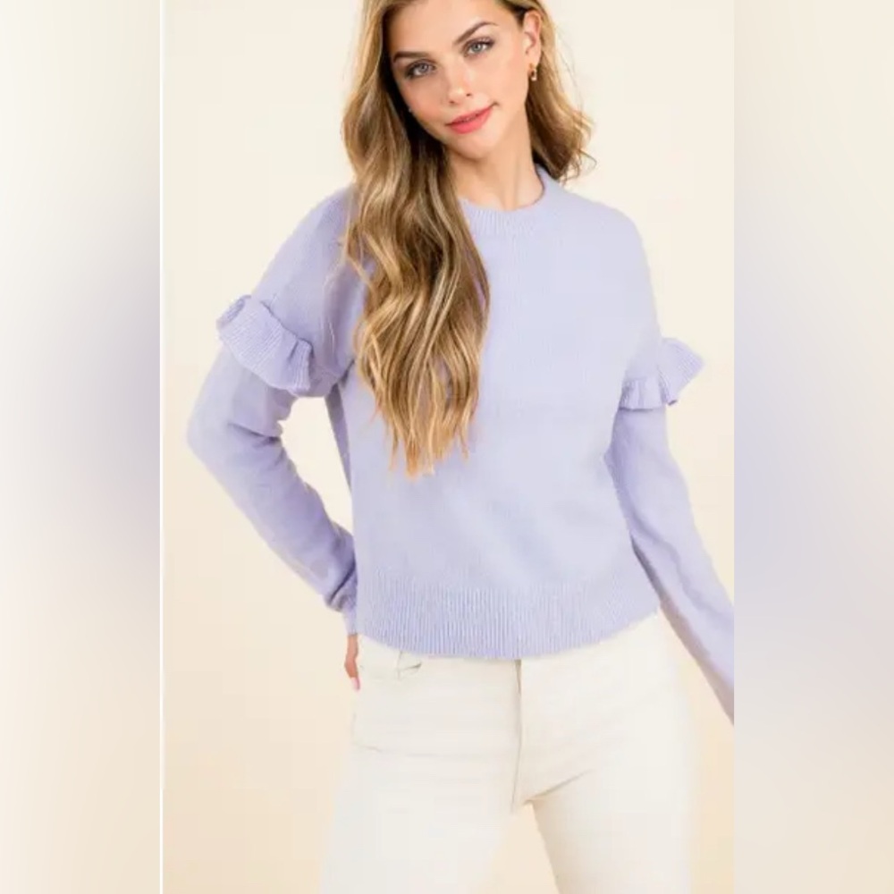 J Crew Sweater S Ruffle Shoulder 100% Cotton Rib Heather Purple